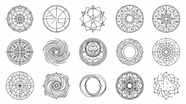 Collection of mystical sacred geometry symbols and ancient magic circles for esoteric design.