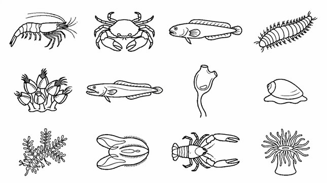 Collection of marine life line art illustrations featuring various sea creatures and underwater organisms.