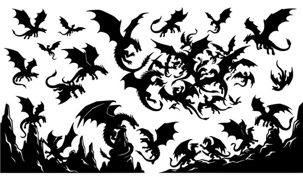 Minimal dragon war silhouettes vector illustration fantasy monster clash scene isolated on white background