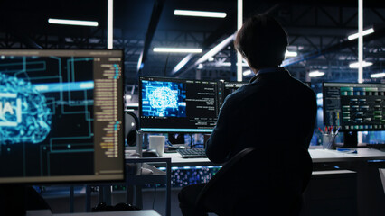 Fototapeta premium Data center engineer reviews artificial intelligence systems and machine learning processes inside a data center.