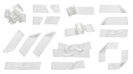 Fototapeta premium Transparent adhesive tape strips collection, clear plastic scotch tape pieces with wrinkles, realistic sticky duct tape set for moodboards and mockups isolated PNG with Transparent Background