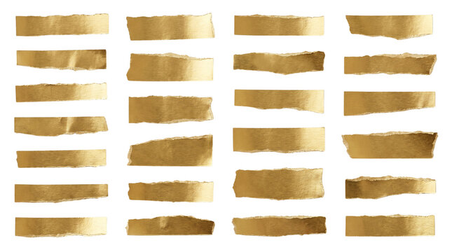 Metallic gold adhesive tape strips, set of 28 shiny washi tape elements, decorative golden masking tape pieces for scrapbooking and design isolated PNG with Transparent Background