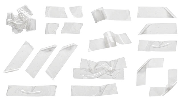 Transparent adhesive tape strips collection, clear plastic scotch tape pieces with wrinkles, realistic sticky duct tape set for moodboards and mockups isolated PNG with Transparent Background