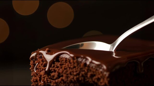 spoon sinks in slow, the ganache ripples and drips down the edge, crumbs break off just a little, and those warm bokeh lights keep glowing in the background. Super satisfying bite-ready loop