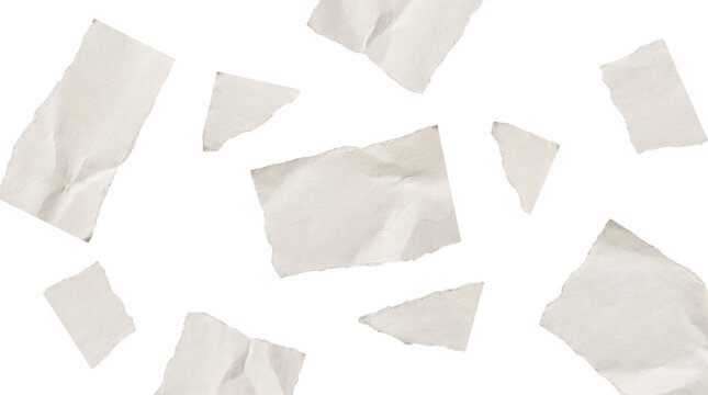 Crumpled white paper scraps falling in air, torn paper pieces with wrinkled texture, scattered blank paper fragments for collage design isolated PNG with Transparent Background