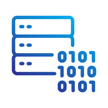 Blue gradient data center icon representing binary code and server storage.