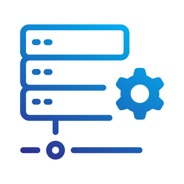 Blue gradient data center icon for server configuration and gear processing.