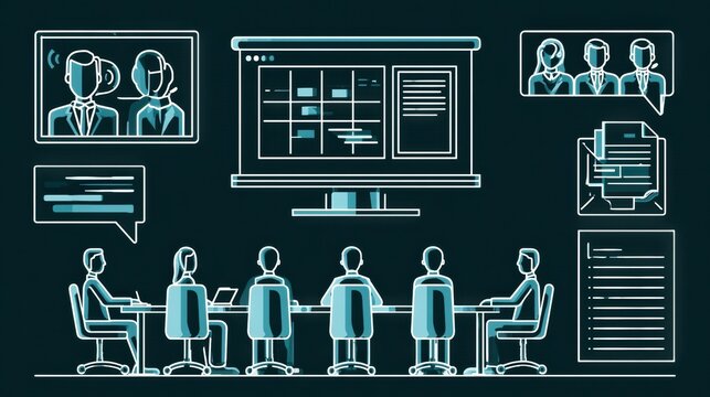 Illustration of business communication tools conference call, project board, team chat, email, and report on a dark background.