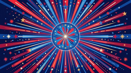 Fototapeta premium Abstract patriotic background with fireworks and starburst rays