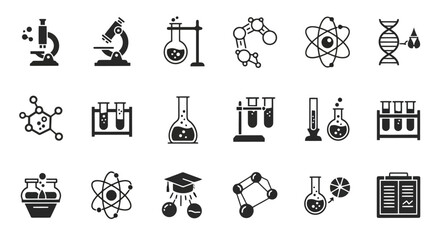 Fototapeta premium A collection of black and white science icons, including microscopes, test tubes, beakers, molecular structures, and atomic models, representing various fields of scientific research and education.