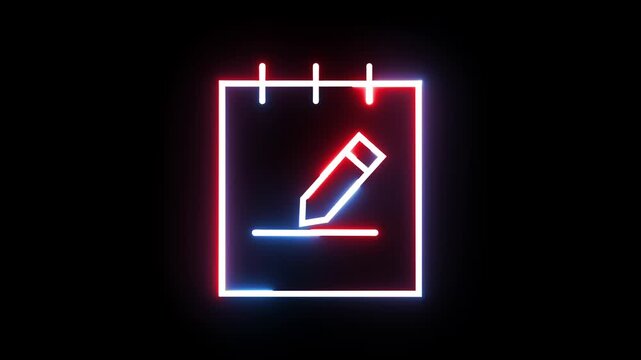 Neon glow effect on notebook with pencil icon for edit document or write note motion graphic.