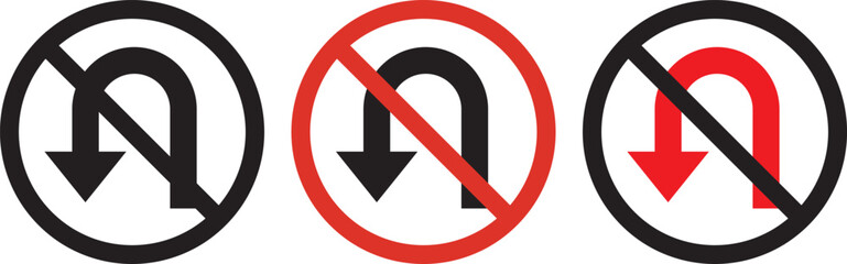 No U turn sign circular red and white black traffic symbol. No u turn sign a red prohibition symbol for road traffic regulations. Concept of traffic prohibition, turn restriction, safety © MDParveg