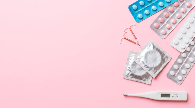 Contraception and family planning methods laid out on a pink background