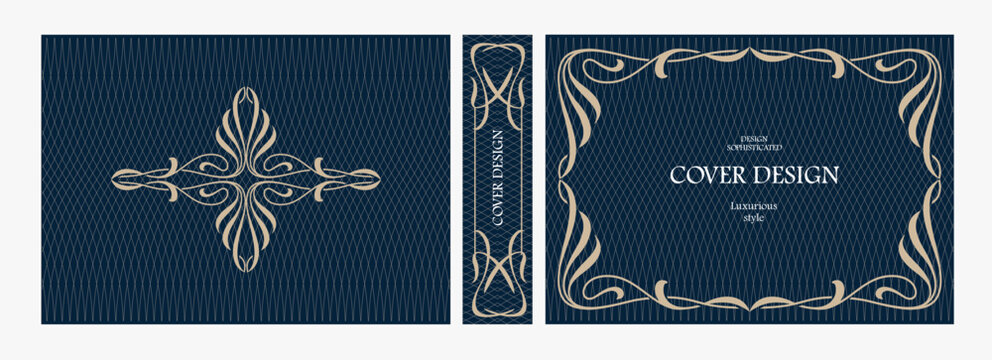 Elegant horizontal vintage book cover design with ornate Art Nouveau frame, geometric decorative ornaments, and luxurious retro style for publications, albums, posters, and premium layouts