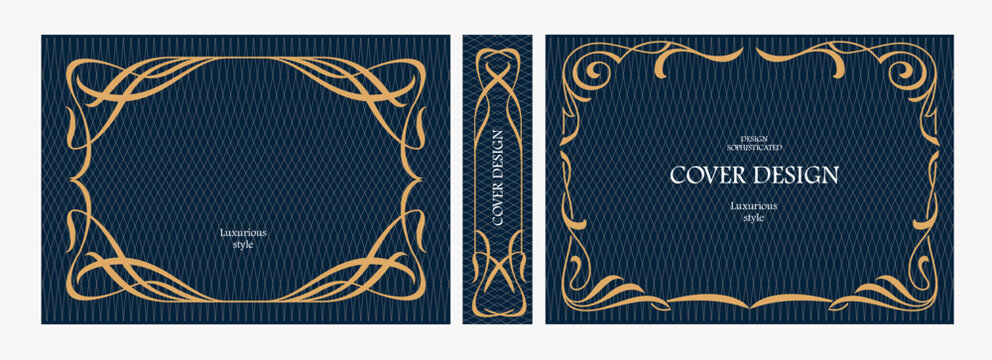 Elegant horizontal vintage book cover design with ornate Art Nouveau frame, geometric decorative ornaments, and luxurious retro style for publications, albums, posters, and premium layouts