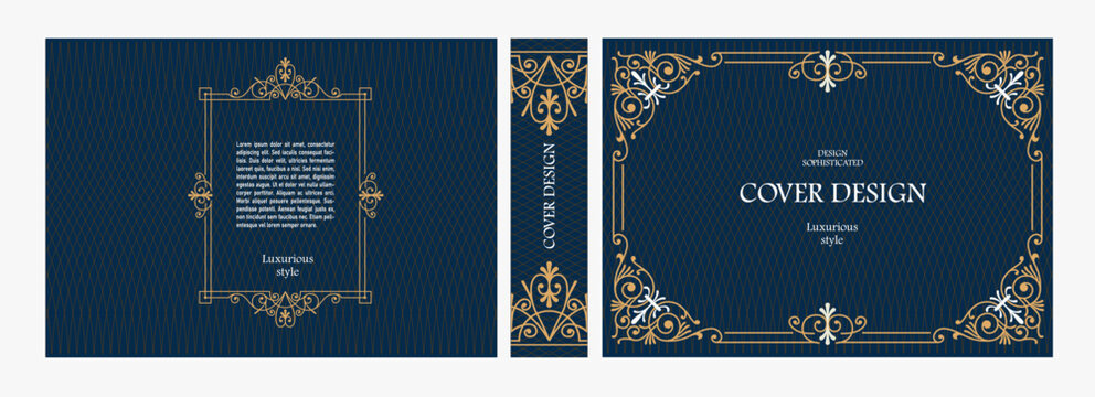 Elegant horizontal vintage book cover design with ornate Baroque frame, decorative gold ornaments, and luxurious retro style for publications, albums, posters, and premium layouts