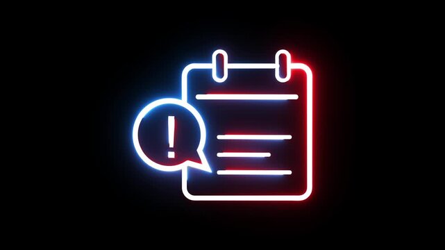Neon notepad icon animation with exclamation mark notification for digital task.