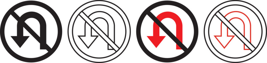 No U turn sign circular red and white black traffic symbol. No u turn sign a red prohibition symbol for road traffic regulations. Concept of traffic prohibition, turn restriction, safety © MDParveg