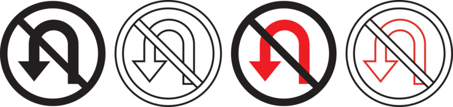 No U turn sign circular red and white black traffic symbol. No u turn sign a red prohibition symbol for road traffic regulations. Concept of traffic prohibition, turn restriction, safety