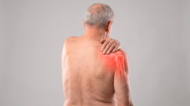 Elderly man experiencing shoulder pain with highlighted inflammation and joint discomfort