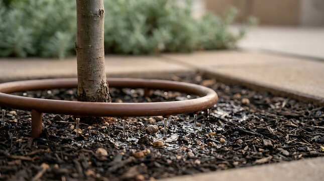 Close-up view of a young tree trunk surrounded by a circular metal watering ring on a landscaped area with mulch and greenery in the background