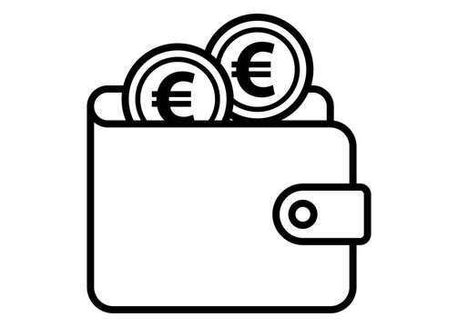 Icono de cartera de piel con monedas de euro