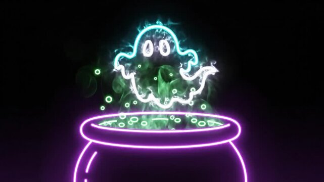 Neon Halloween Animated Cauldron with Ghost, Bubbles, and Green Smoke on Black Background