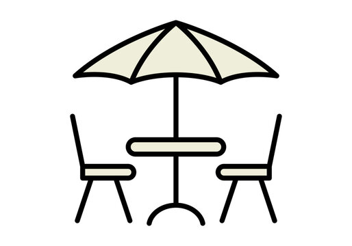 Mesa de terraza con sombrilla y dos sillas