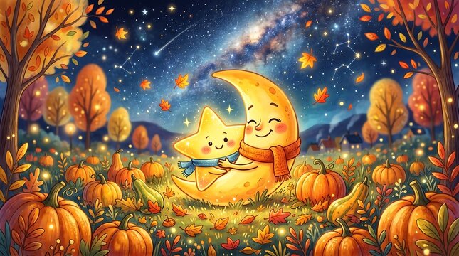 Cartoon moon and star hugging in autumn pumpkin patch under night sky