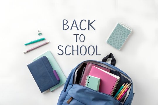 Back to school supplies flat lay with backpack notebooks and stationery