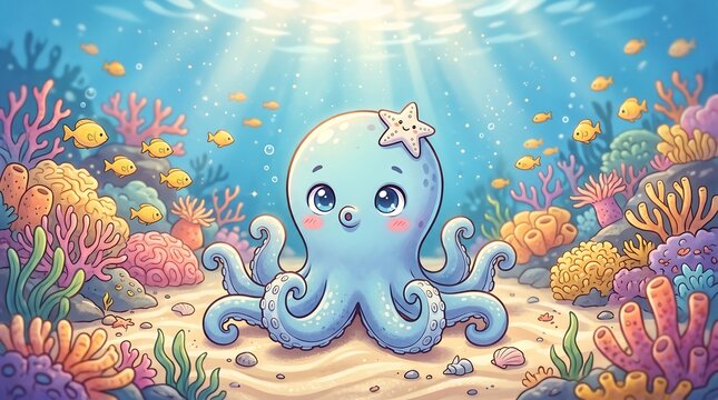 Cute cartoon octopus with starfish on head underwater with coral reef and fish  ocean scene