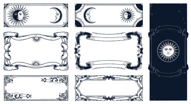 Celestial Frames & Banners: Sun and Moon Hand-Drawn Vector Designs