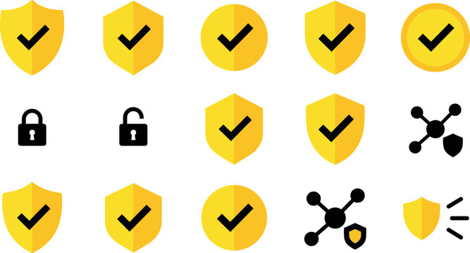 Yellow Shield and Checkmark Cyber Security Icon Set with Padlocks and Network Protection Symbols for Secure Website, Data Privacy, and Digital Compliance Vector Designs