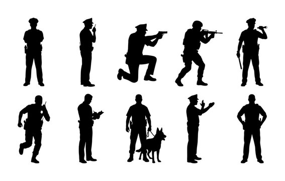 Police Officer Silhouette Collection Set Featuring Ten Professional Law Enforcement Agent Poses in Various Tactical Situations