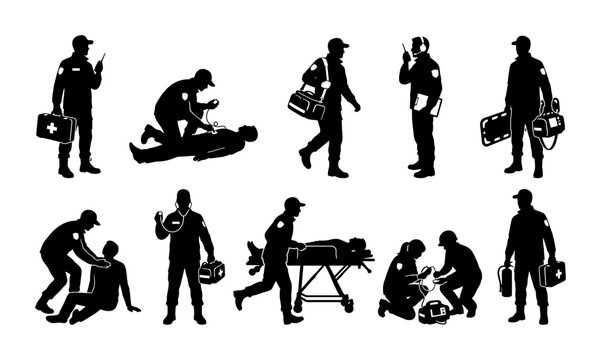 Emergency Medical Technician Silhouette Collection Set Featuring Paramedic First Aid Responders and Ambulance Crew Poses