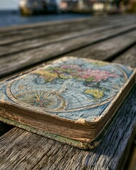 Fototapeta premium An aged antique vintage book featuring a world paper cover resting on a textured wooden pier surface