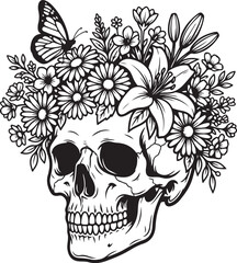 Fototapeta premium Skull with flowers vector illustration, human skull floral crown line art, butterfly and botanical skull graphic, black and white skull SVG for vinyl, gothic floral skull design, minimalist skull and 