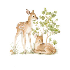 Woodland Nursery Baby Deer with Fawn Watercolor Clipart © Zenina-Lembrik