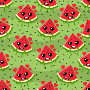 Seamless Pattern with Cute Watermelon In Love Stickers