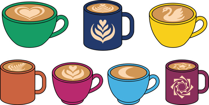 Coffee Mug and Latte Art Vector Illustration Set with Cappuccino Cups Featuring Heart Rosetta Swan and Moon Foam Designs for Cafe Menus