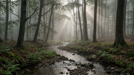Obraz premium Sunbeams filtering through misty forest trees by a peaceful stream