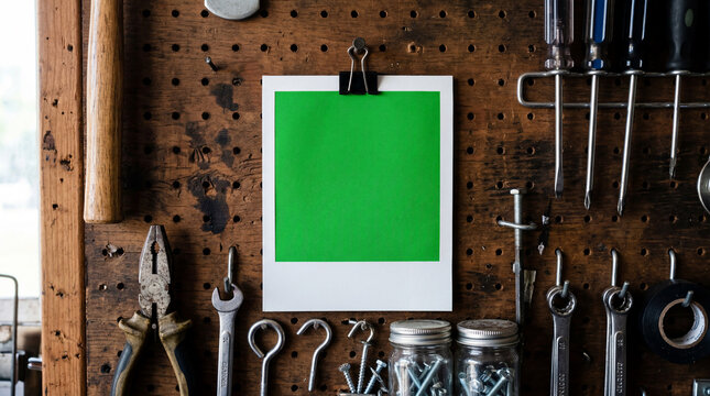 Green Screen Frame Mockup on Vintage Wooden Workshop Tool Pegboard