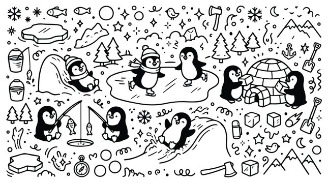 Cute hand drawn doodle penguins set in winter landscape.
