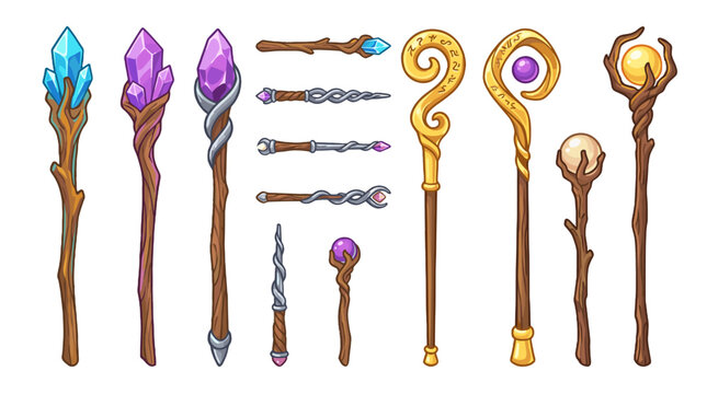Fantasy magic staff and wand set with crystals and orbs