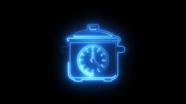Neon glowing pot with clock animation for cooking time and kitchen timer concepts