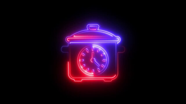 Neon cooking pot with moving clock face animation for culinary time management