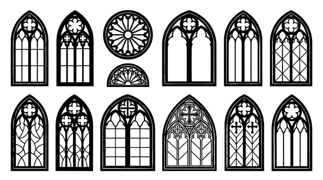 Set of gothic church window silhouettes and rose tracery