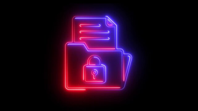 Glowing neon locked folder with document for cybersecurity and data privacy concepts