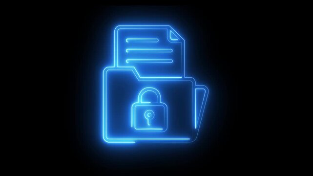 Glowing neon folder with padlock representing secure data protection and digital privacy