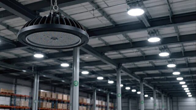 Sustainable warehouse LED high bay light illuminating organized pallet racks storage racks and pallets with industrial ceiling metal beams concrete